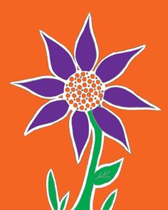 a purple flower with green leaves on an orange background