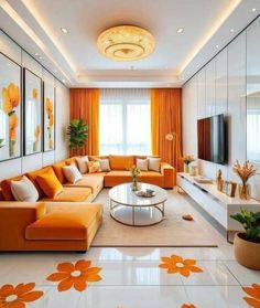 an orange and white living room with flowers painted on the floor, large mirror wall