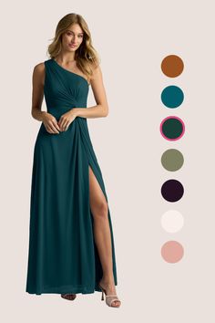 Look like a modern day Greek goddess wearing Brooke. This one-shoulder bridesmaid dress is made of a flattering stretch mesh, giving your bridesmaids a look of modern elegance. Her bodice pleating and side waist knot accentuate the waistline, and a side leg slit adds an alluring touch to her classic A-line skirt. Stormy Bridesmaid Dresses, Dusk Bridesmaid Dress, Ink Blue Bridesmaid Dresses, Jade Bridesmaid Dresses, Peacock Bridesmaid Dresses, Sky Blue Bridesmaid Dresses, Dark Green Bridesmaid Dress, Teal Bridesmaid Dresses, Dark Navy Bridesmaid Dresses