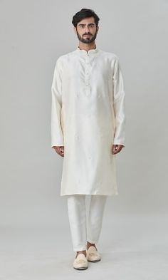 Off-white jacket with mirror hand embroidery. Comes with pant and a kurta. - Aza Fashions White Long Sleeve Kurta With Mirror Work, Mirror Jacket, Off White Jacket, Men Kurta, White Kurta, White Mirror, Mirror Set, Embroidered Jacket, White Jacket