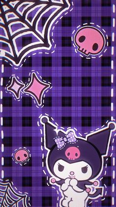 a purple and black checkered background with stickers on it