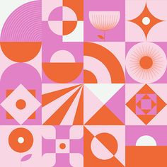 an orange and pink abstract design with circles, squares, and shapes in the center