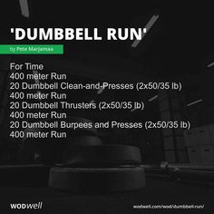 a black and white photo with the words dumbbell run written in green on it