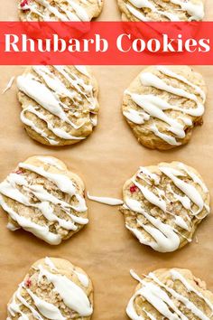 a batch of rhubarb cookies with white icing on top and in the middle