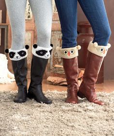 two women standing next to each other wearing boots with panda faces on the bottom and legs