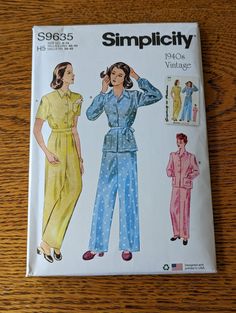 Simplicity 9635 is a reprint of a vintage 1940s pajama pattern.  Pattern is a size 6-14.  This is similar to those worn by Hollywood stars in the 1940s-1950s.  Great for comfy pajamas or lounge wear.  The pattern is new and uncut.  Made in USA. Retro Fitted Sleepwear For Loungewear, Fitted Retro Sleepwear For Loungewear, Vintage Cotton Sets For Daywear, Vintage Long Sleeve Loungewear Set, Vintage Long Sleeve Daywear Sets, Fitted Vintage Sleepwear, 1940 Hollywood, Vintage Pajama, Comfy Pajamas