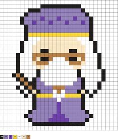 a pixellated image of a man in purple and yellow