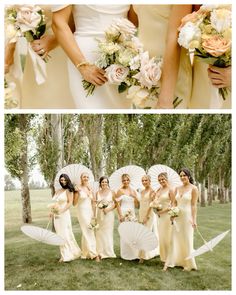 the bridesmaids are holding white parasols and bouquets in their hands