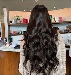 Brown Dark Hair Colors, Long Brunette Extensions, Dark Hair Styles Long, Long Dark Brown Hair Styles, Long Dark Chocolate Brown Hair, Brown Long Hair Aesthetic, Healthy Dark Hair, Long Brown Hair Curled