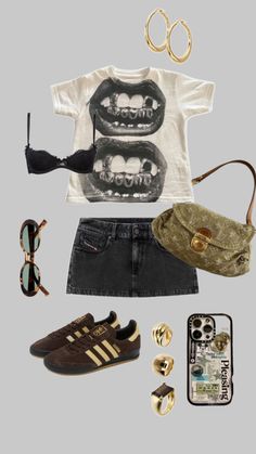 LV purse, campus brown shoes, gold rings, skims, phone case Trendy Fits Summer, Street Girly Outfits, Summer Outfits Cool Girl, Summer Outfits In New York, Ahs Summer Outfits, Summer Outfits No Crop Tops, Ahs Style Summer, Ahs Style Outfits Summer, Sitc Outfits