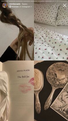 there is a collage of pictures with different things in it including hair, spoons and an open book