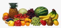 there are many different types of fruits in the picture, including pineapples, watermelon, bananas, apples, and grapes