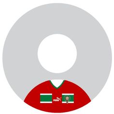 a white circle with a red and green jersey on it's face, in front of a gray background