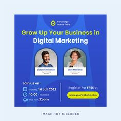 a flyer for a digital marketing event with two people on the front and one person on the back