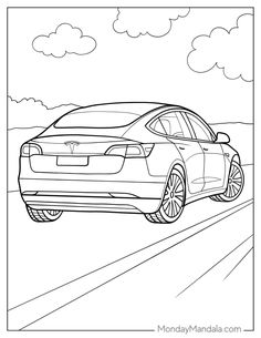 a drawing of a car driving down the road with clouds in the sky behind it