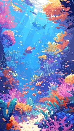 an underwater scene with colorful corals and fish in the water, as seen from above