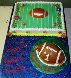 two cakes decorated to look like footballs on a field