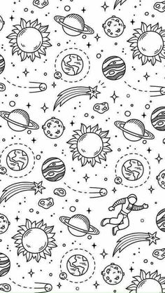 the solar system with planets and stars in black and white, on a white background