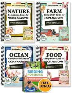 four notebooks with farm animals on them and the title for each book is shown