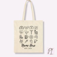 a tote bag with medical icons on it and the name maine here in black ink