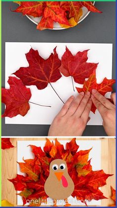 fall leaf crafts for kids to make with paper plates and leaves, including a turkey