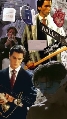 a collage of photos with men in suits and ties holding signs that read wall street broadway