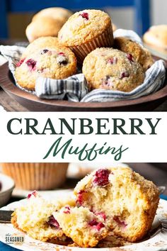 cranberry muffins on a plate with the title above it and below