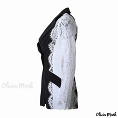 Olivia Mark - Sophisticated Single Breasted Tailored Blazer with Edgy Contrast Lace Sleeves and Lapel Collar Formal Fitted Lace Blazer, Elegant Lace Trim Blazer For Spring, Elegant Long Sleeve Blazer With Lace Trim, Paneling Design, Black Prom Dress Short, Happy Hours, Lace Homecoming Dresses, Lace Jacket, Short Prom Dress