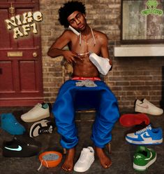 a man sitting on top of a wooden chair surrounded by different shoes and sneakers in front of a brick wall