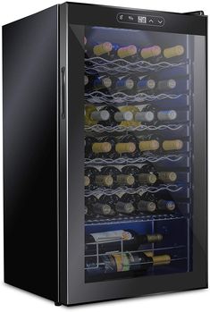 a wine cooler with many bottles in it