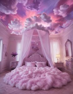 a bedroom with pink clouds painted on the ceiling and bed in the middle, surrounded by white furniture