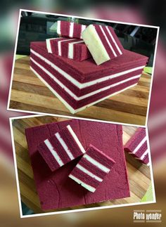 three pictures of red and white cake on a cutting board, with the top layer cut off