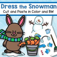 a snowman and carrots cut and paste in color and bw for kids