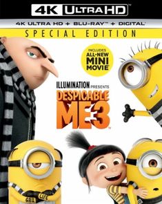 the dvd cover for despicable me3 3 is shown in yellow and black