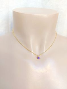 "Gold filled necklace and amethyst stone. Size shown is 16\". Pendant measures 5mm. Please choose your favorite necklace length at checkout. All lengths have a one inch extender, that way you'll have some wiggle room to play with the length. For example, if you choose a 14 inches necklace length, you'll have options to close the necklace at any length between 14 inches and 15 inches. Some of this charms are sold by themselves (no chain). If that option is available for this, you will have the op Dainty Purple Necklace As Gift For Her, Purple Dainty Necklace As Gift For Her, Purple Dainty Necklace For Her, Purple Birthstone Necklace For Her, Purple Birthstone Necklace With Round Pendant As Gift, Elegant Amethyst Birthstone Necklace, Dainty Amethyst Birthstone Necklaces, Dainty Purple Round Pendant Necklace, Purple Amethyst Birthstone Necklace