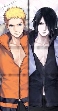 two anime characters are standing next to each other, one is wearing an orange vest and the other has black hair