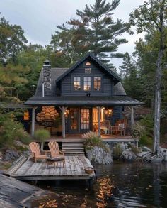 a house that is sitting on top of a wooden dock in front of a body of water