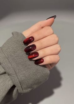 Black And Red Magnetic Nails, Red Cats Eye Nails Design, Black And Red Cats Eye Nails, Cat Eye Nails Fall Colors, Dark Red Cats Eye Nails, Cat Eye Dark Red Nails, Black Nails With Red Cat Eye, Cat Eyes Red Nails, Deep Red Jelly Nails