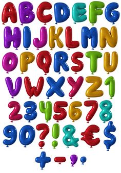 the letters and numbers are made up of balloons in different colors, shapes and sizes