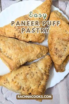 four pastries on a plate with the words easy paneer puff pastry