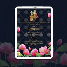 the wedding card is decorated with pink flowers and an image of two people holding each other