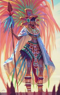 a painting of a native american dancer holding a staff