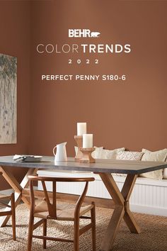 a dining room table with two chairs and a painting on the wall behind it that says behr color trend 2012 perfect penny $ 150 - 6 / 6