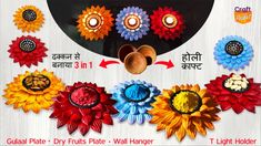 colorful flowers are arranged in different colors on a white background with the caption, qual plate - dry fruits - wall hanger t light holder