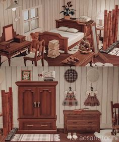 there are two pictures of the same room with furniture and accessories in it, one is made out of wood