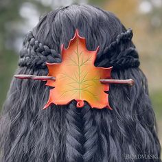 Turning maple leaf leather hair slide with striped wood hair stick. #leatherhairslide #hairstickbarrette #leatherleaf #mapleleaf #autumncolors #longhair #hairtoy Wood Hair Pin, Silver Masquerade Mask, Larp Costume, Leather Mask, Butterfly Fairy, Turned Wood