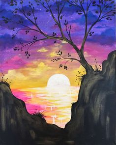 an acrylic painting of a sunset with trees