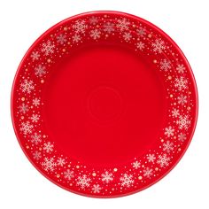 a red plate with white snowflakes on it