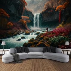 a living room with a couch and large painting on the wall next to a waterfall