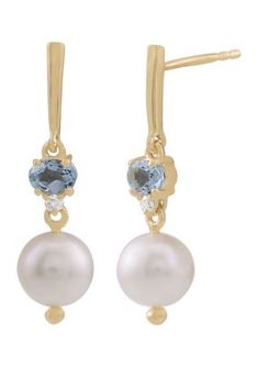 Designed with genuine blue topaz, pearl and dimaond accents, these gold over sterling silver post drop earrings add a touch of elegance to any outfit. Includes a black gift pouch. | Belk Silverworks Gold Over Sterling Silver Blue Topaz, Pearl and White Diamond Drop Earrings Elegant Birthstone Pearl Earrings For Anniversary, Elegant Pearl Birthstone Earrings For Anniversary, Elegant Pearl Birthstone Earrings For Gift, Elegant Pearl Birthstone Earrings As Gift, Elegant Birthstone Pearl Earrings As Gift, Diamond Drop Earrings, Fashion Jewelry Earrings, Gift Pouch, Black Gift